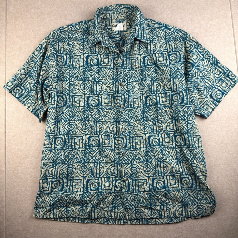 Cooke Street‎ Shirt Men L Blue Beige Aloha Hawaiian Tribal Cotton Button Up USA